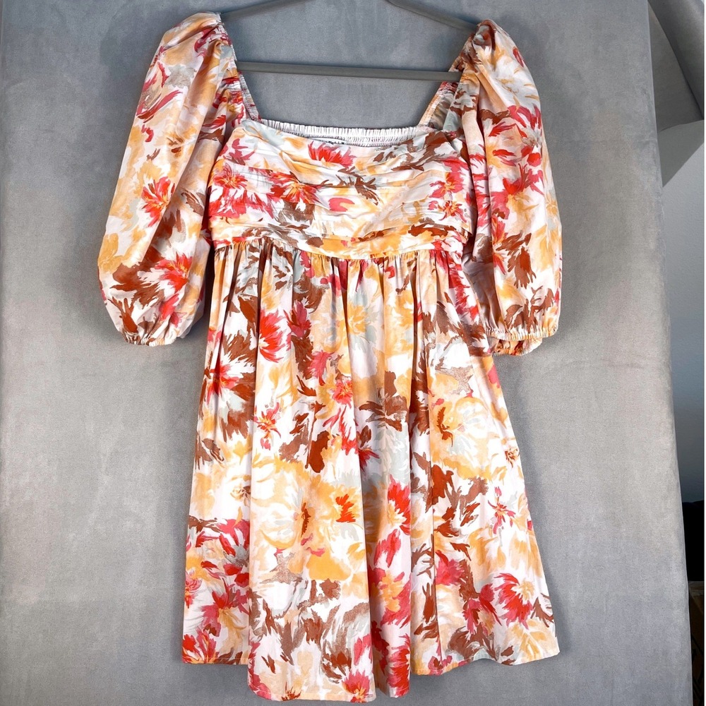 Abercrombie & Fitch Floral Puff Sleeve Mini Dress Orange Red Cream Size M